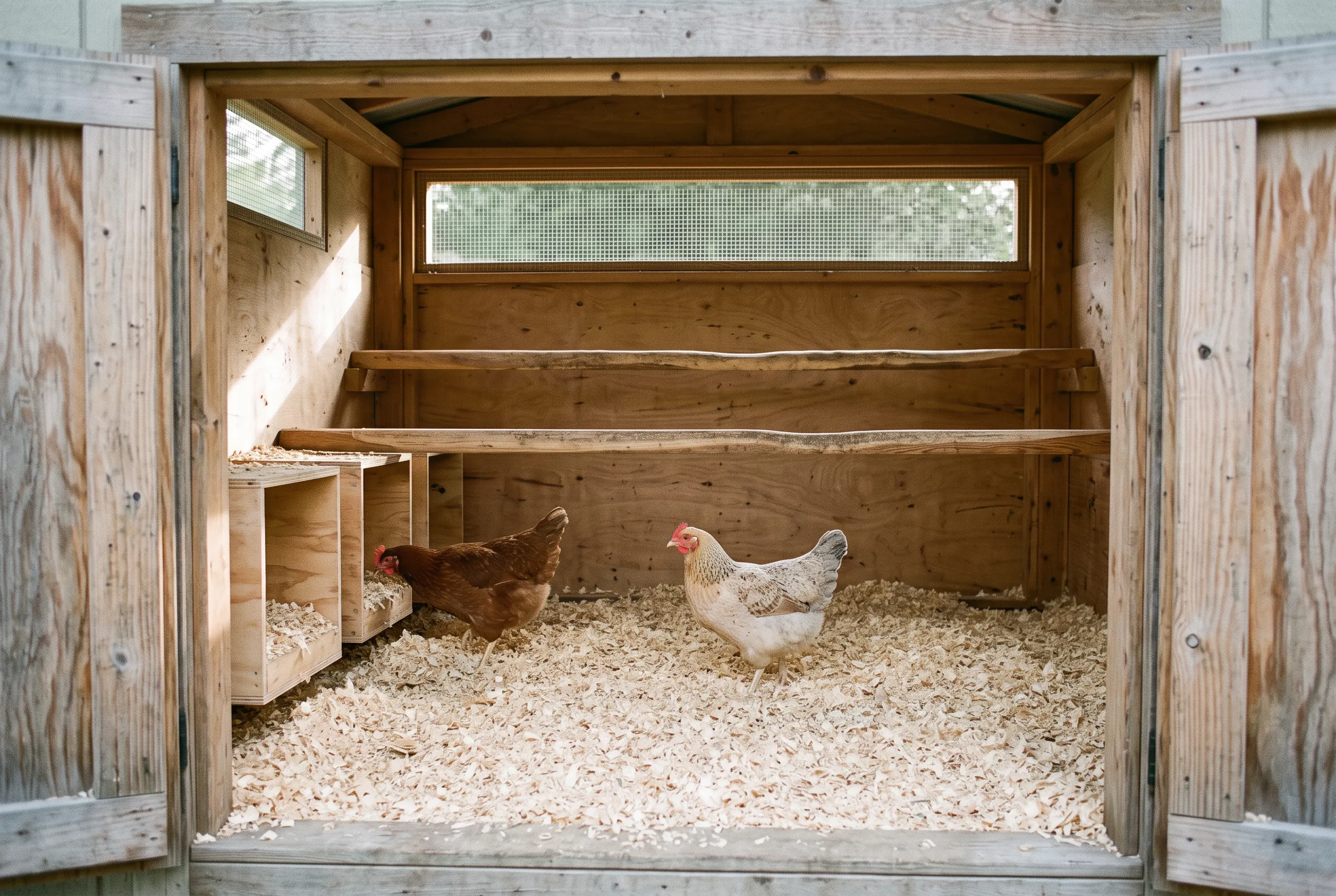 Wooden coop interior with screened high windows, two nest boxes, roost bars, and hens on dry bedding