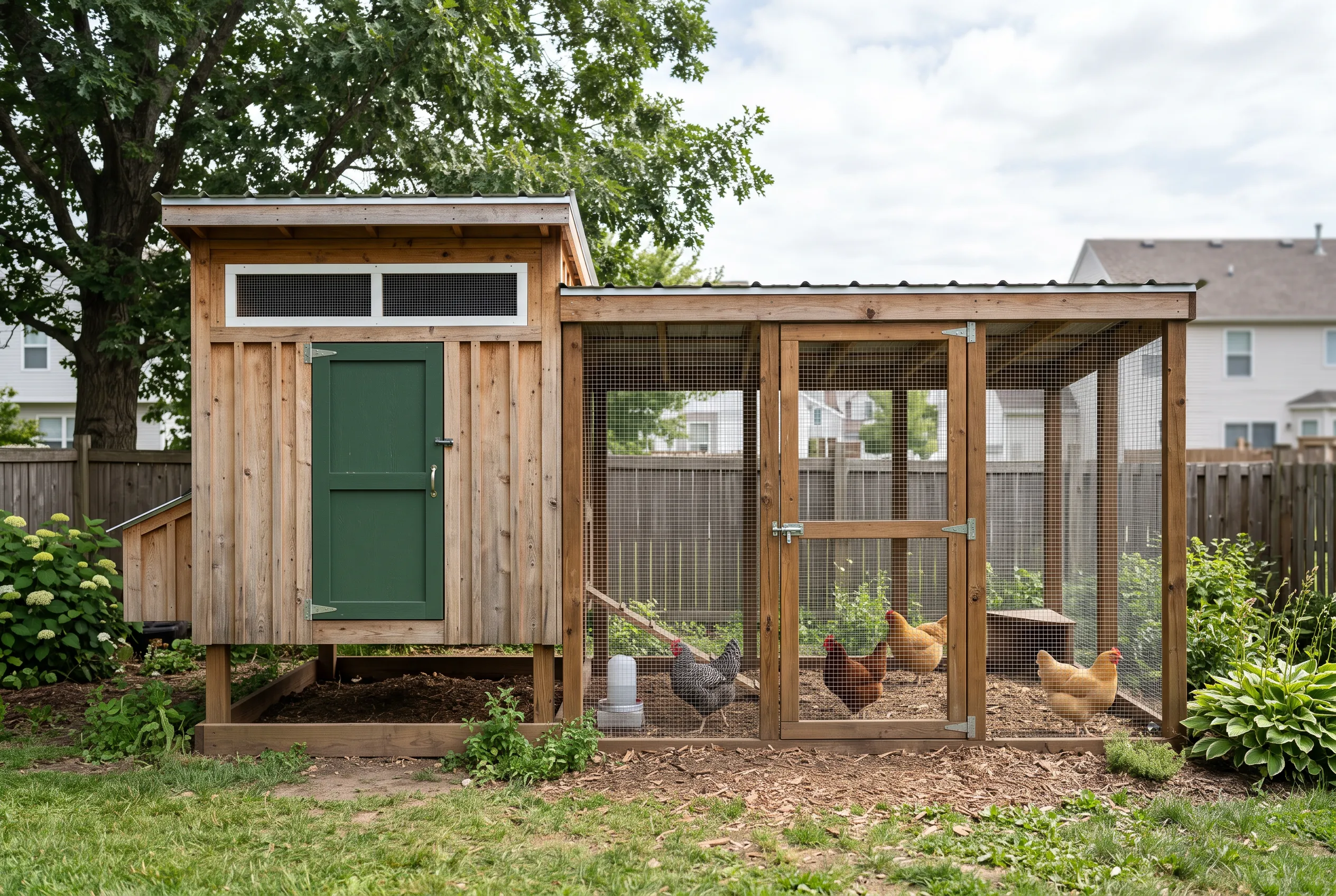 Cedar hen house with a green door, screened upper windows, and four hens in an attached covered run