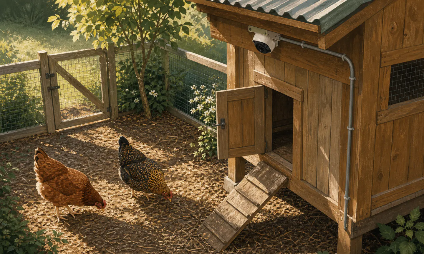 A weather-protected camera mounted under a coop eave with its cable in conduit while two hens forage in the run below