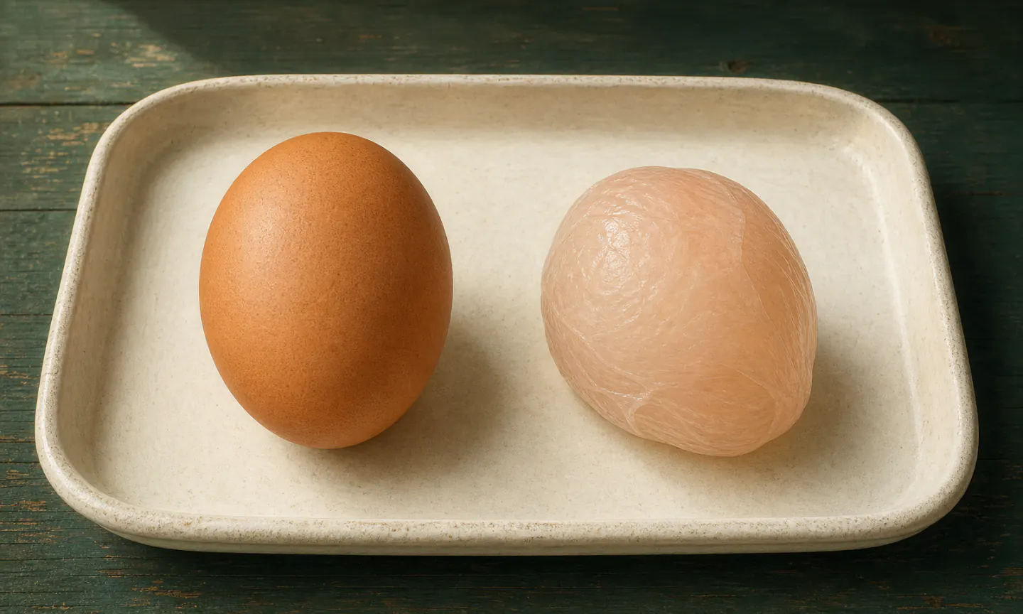 A normal intact brown chicken egg beside an intact shell-less egg enclosed by a wrinkled translucent membrane on a ceramic tray