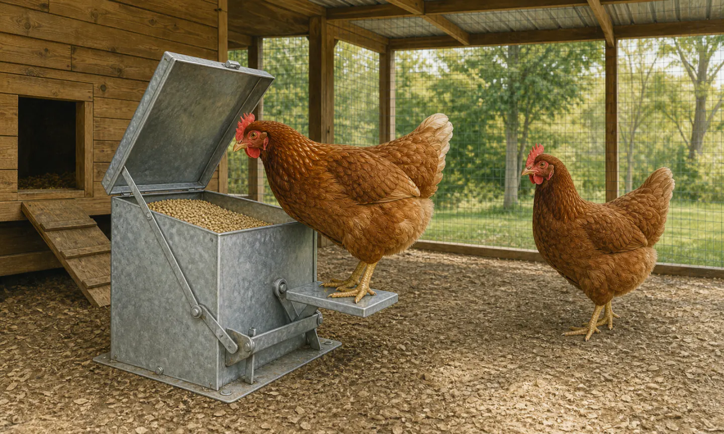 Two brown hens beside a galvanized treadle feeder, with one hen standing on the step while the feed lid is raised